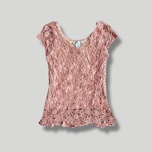 Pastel pink crochet lace open knit 3D textured floral top Newport News Medium